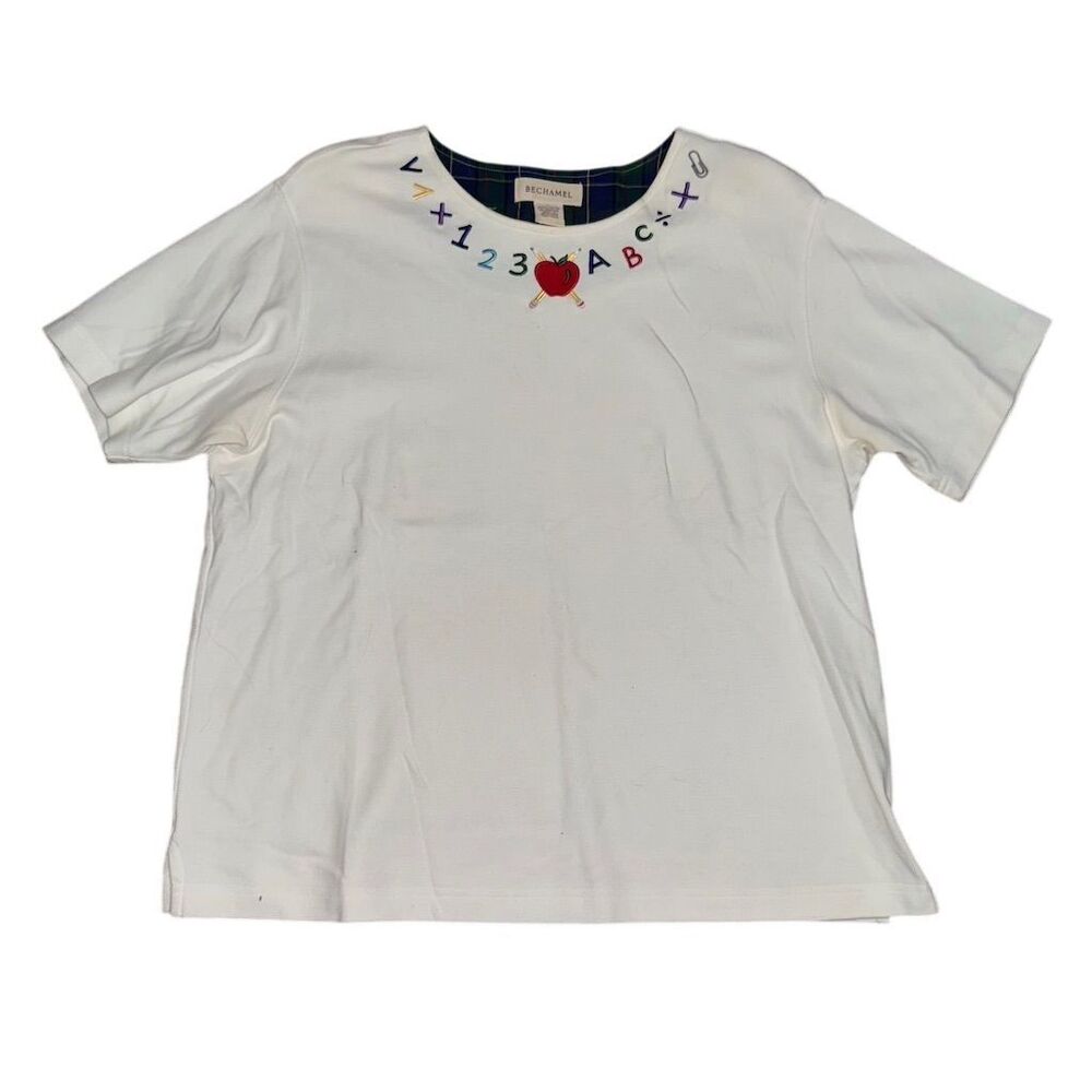 Bechamel White Cotton Embroidered Teacher School Apple Plaid Lined T-Shirt L